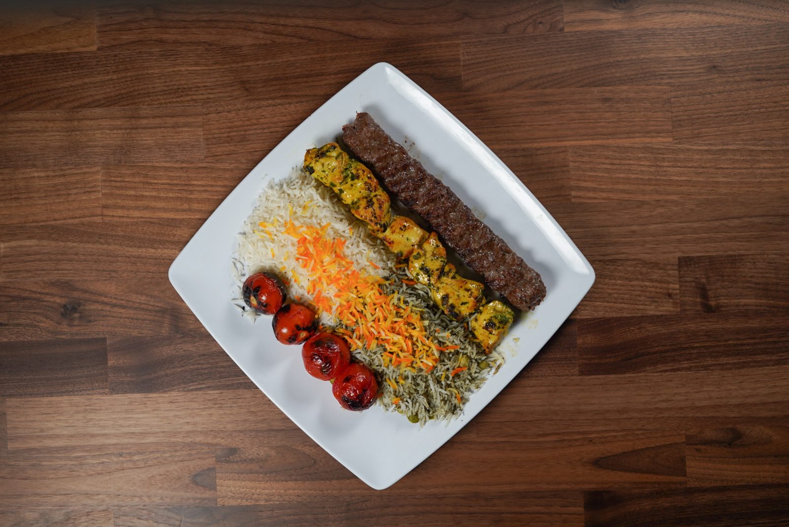 Koubideh and chicken kabob plate